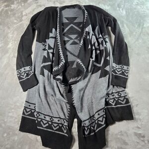 STACCATO Womens Black Gray Aztec Tribal Open Front Long Sleeve‎ Cardigan S/M
